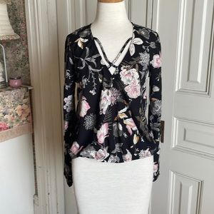 Love Five blouse top black floral front cutout detail size M